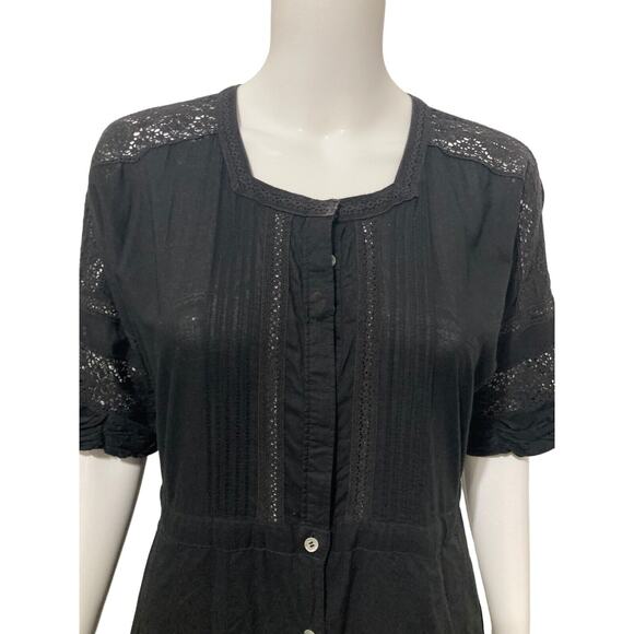 LOVESHACKFANCY Black Cotton Edie Lace Short Sleeve Midi Shirt Dress Size L - Picture 3 of 7